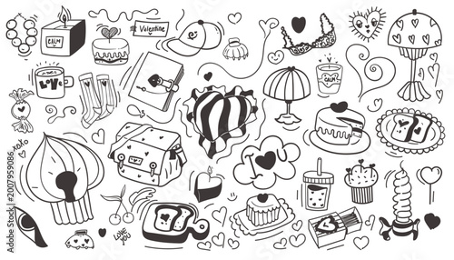 Valentine’s Day Doodle Set, Black and White Hand Drawn Love Elements Collection