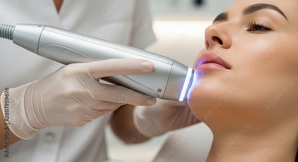 Naklejka premium Beautician using advanced blue light laser technology for face treatment.