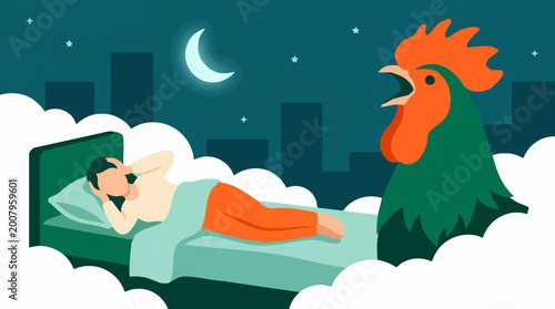 Fotografie Person in bed covering ears disturbed by loud crowing rooster at night