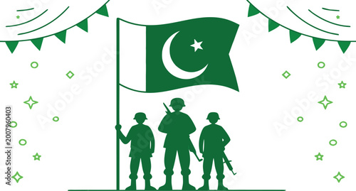 Bild auf Leinwand Pakistani flag with soldiers in green uniforms standing in formation pakistan fl
