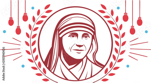 Foto Red and blue floral wreath with portrait of mother teresa in white and gold tone