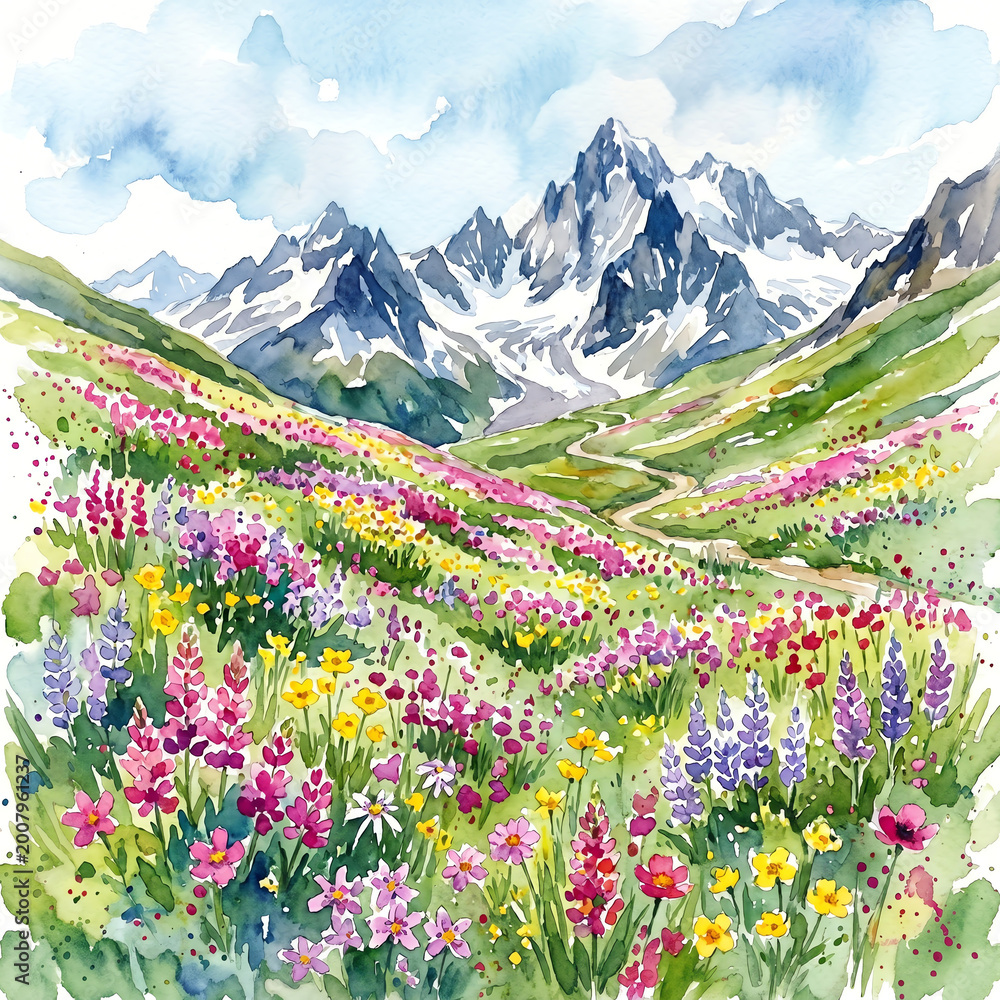 Fototapeta premium Vast sloping alpine meadow carpeted with red and pink wildflowers leading up to dramatic Watercolor Landscape Painting Illustration