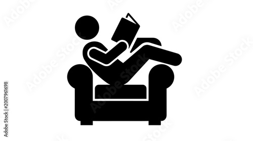 Photos Minimalist Stick Figure Icon: Person Relaxing and Reading a Book in a Cozy Armch