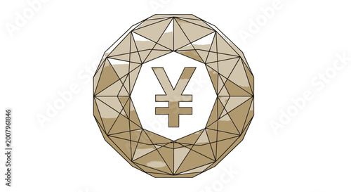 Abstract faceted sphere design elegantly framing a shining Yen or Yuan currency symbol, embodying concepts of global finance, digital economy, and modern monetary value