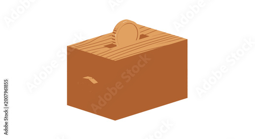 Vector illustration of a wooden money box with a coin slot, demonstrating the concept of personal financial saving, investment, and responsible financial management for future growth