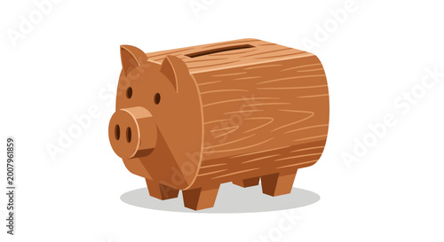 Charming wooden piggy bank illustration, perfect for saving and financial planning themes, rendered in a clean, flat vector art style