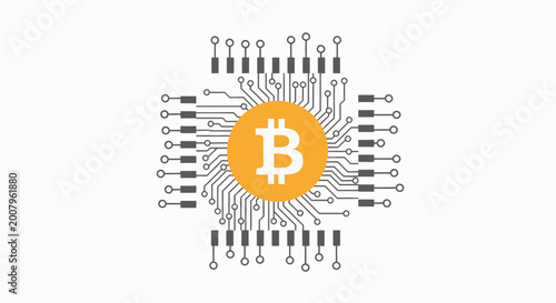 Abstract vector illustration of Bitcoin cryptocurrency symbol integrated into a digital circuit board, representing secure online financial technology and blockchain innovation