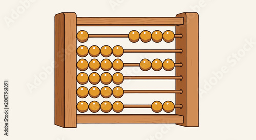 Traditional Wooden Abacus with Orange Counting Beads - An Educational Tool for Arithmetic, Learning, and Developing Mathematical Skills in a Classic, Illustrated Style