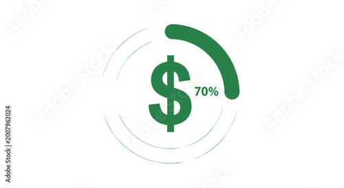 Dollar sign with 70 percent progress bar, representing financial growth or savings goals achieved
