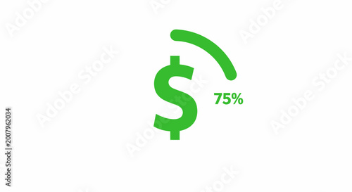 Green dollar sign with a progress bar indicating 75 percent completion, symbolizing financial progress and goals