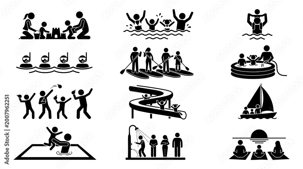Obraz premium A collection of stick figures depicting various outdoor and water-related family summer vacation activities