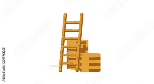 Фотография Flat vector illustration of a sturdy wooden ladder alongside stacked brown crate
