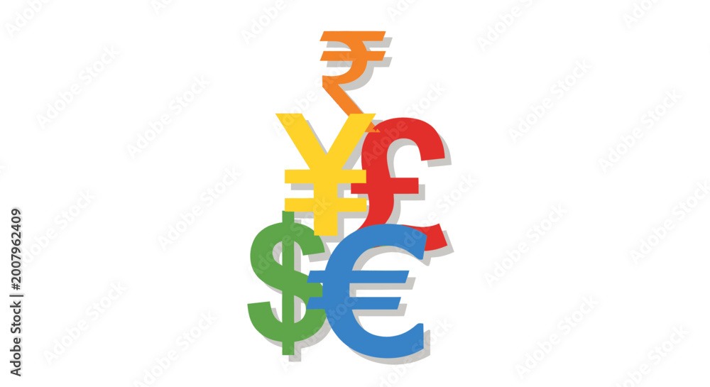 Fototapeta premium A dynamic illustration featuring stacked international currency symbols such as the Dollar, Euro, Pound, Yen, and Rupee, signifying global finance, economic exchange, and diverse markets