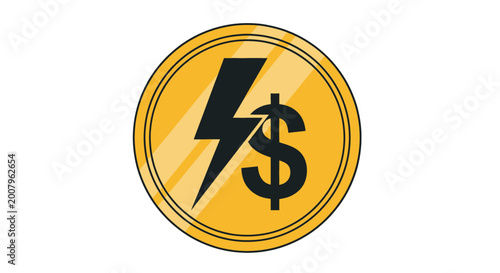 Dynamic Financial Energy Concept Vector Illustration Symbolizing Swift Monetary Transactions and Economic Power. Golden Coin with Lightning Bolt and Dollar Sign for Fast Payments and Business Growth
