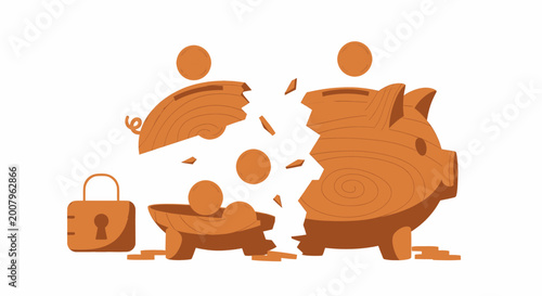 Schilderij op canvas Conceptual flat vector illustration of a shattered wooden piggy bank with coins