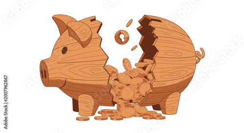 Schilderij op canvas Shattered wooden piggy bank with a torrent of coins pouring out, vividly illustr