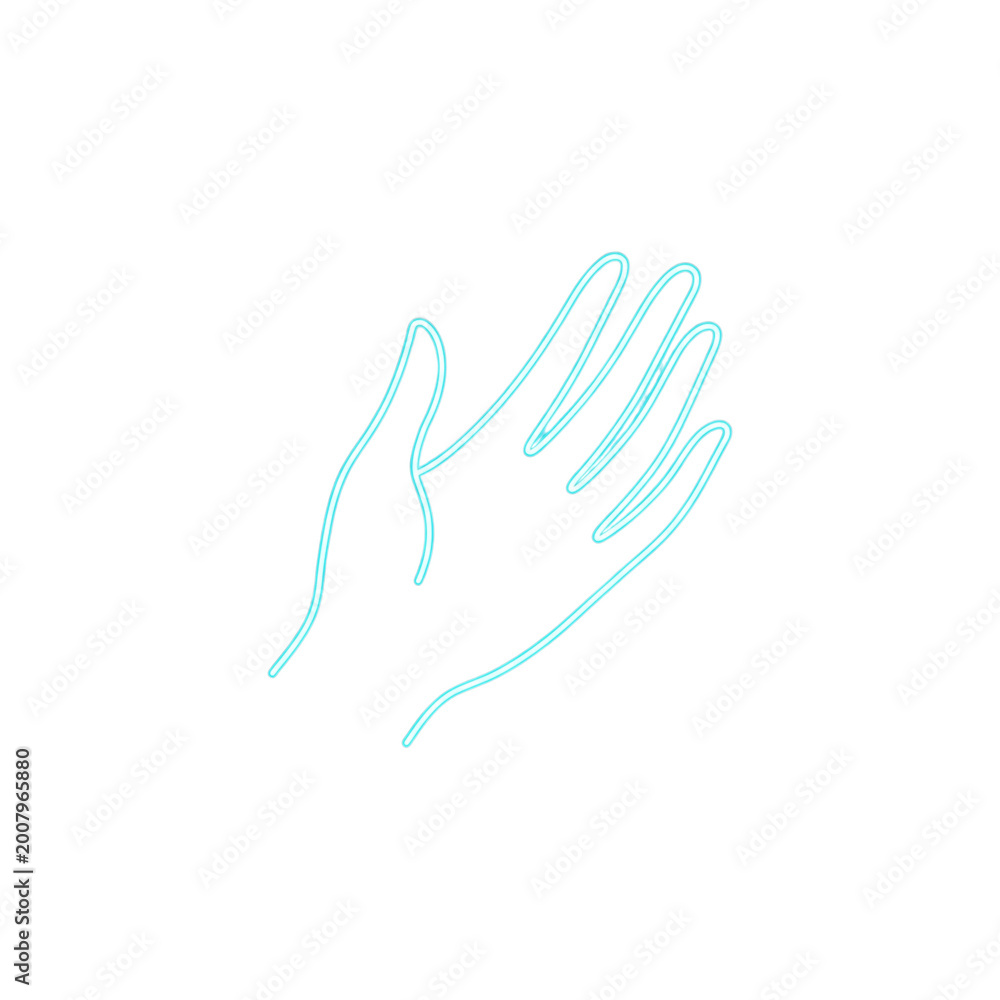 Fototapeta premium Minimalist light blue neon outline of a human hand on a transparent background.