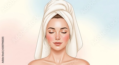 Beautiful young woman with a white towel wrapped around her head after a refreshing bath