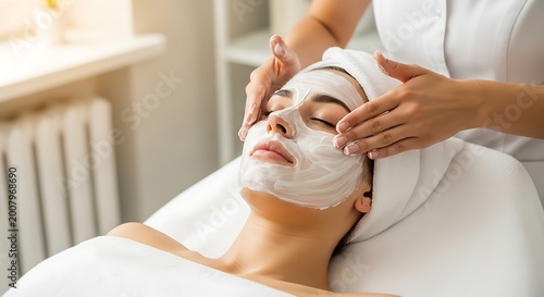 Young woman receiving a relaxing facial mask treatment in a professional beauty spa salon