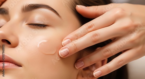 Young woman applying moisturizing face cream on her cheek for healthy glowing skin care