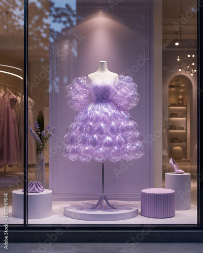Boutique window display with a mannequin wearing a voluminous purple dress and soft ambient lighting, elegant fashion retail concept.