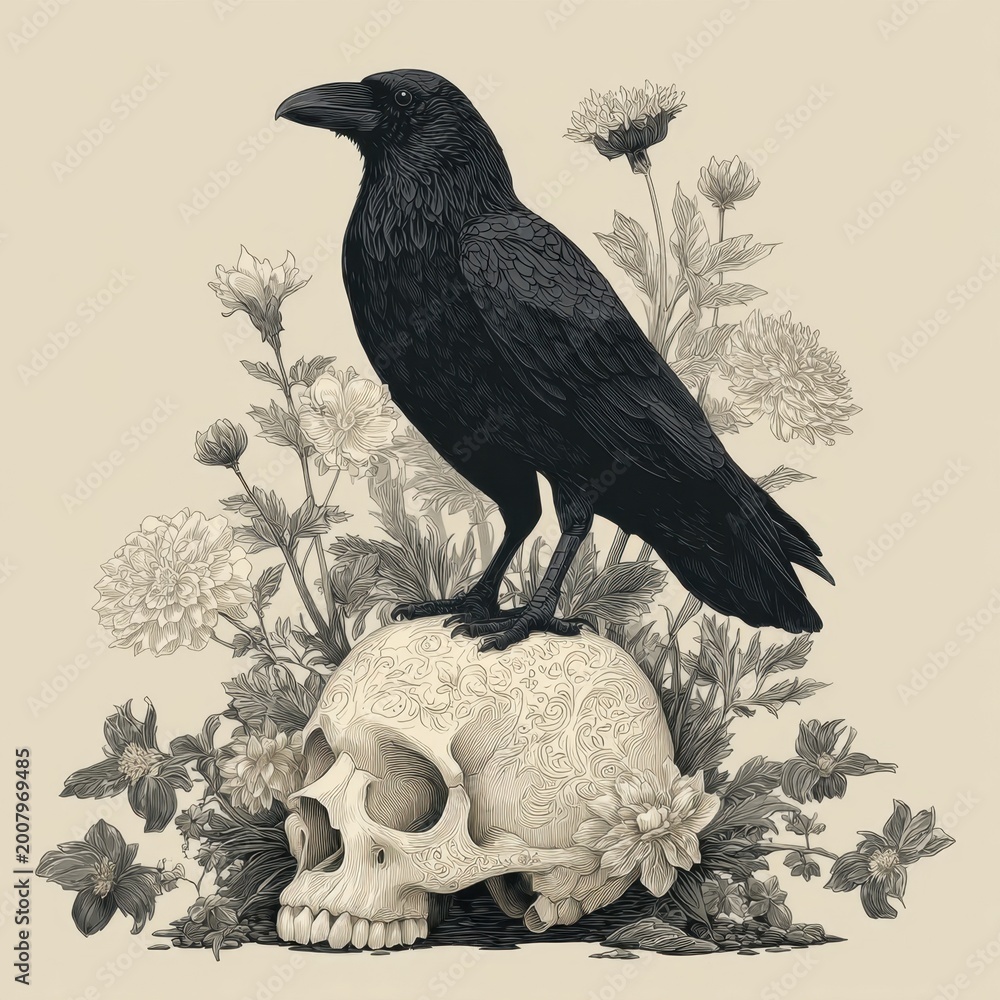 Naklejka premium Detailed black and white sketch of a crow perched on a patterned skull with floral background, ideal for tattoos, posters, and gothic stationery. Artistic ink drawing in a classic etching style.