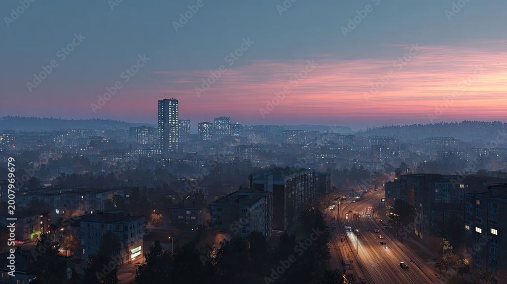 Fototapeta premium Cityscape at dusk with buildings and colorful sky above the horizon