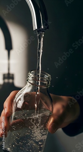 Low Angle View of Water Pouring into Glass Container – Dramatic Lighting on Fresh Stream and Reusable Glass.