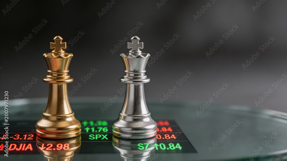 Obraz premium Gold and silver chess kings on financial index displaying market data