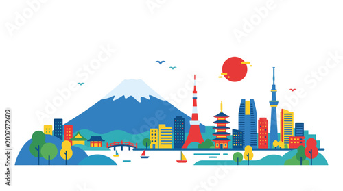 Bilde på lerret Vibrant Tokyo Skyline with Mount Fuji and Iconic Landmarks