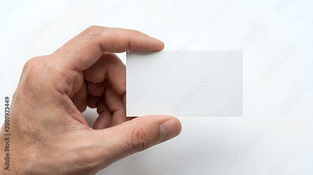 Obraz premium Male hand holding blank white business card mockup against clean background for branding and corporate identity design projects.