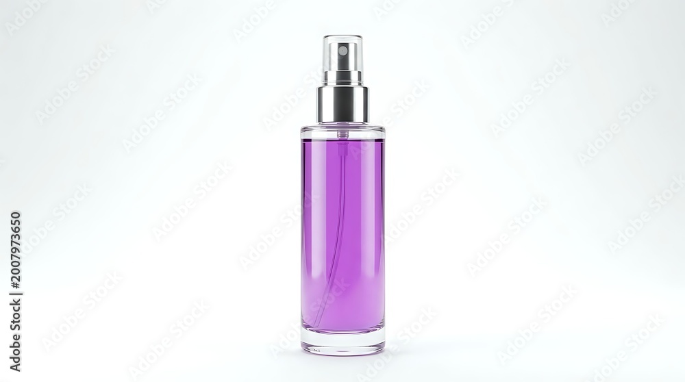 Obraz premium Purple cosmetic spray bottle with silver pump dispenser isolated on white background for beauty and skincare product packaging design.