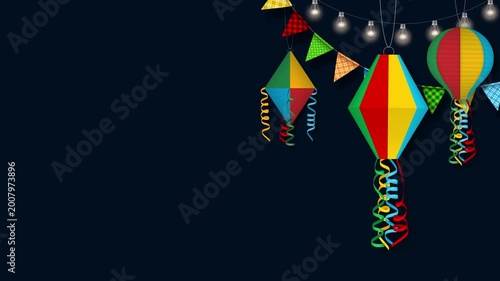 festa junina animated background with colorful lanterns, pennats and lightbulbs