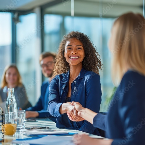 Multicultural professionals shaking hands in a modern glass-walled boardroom during bright daylight