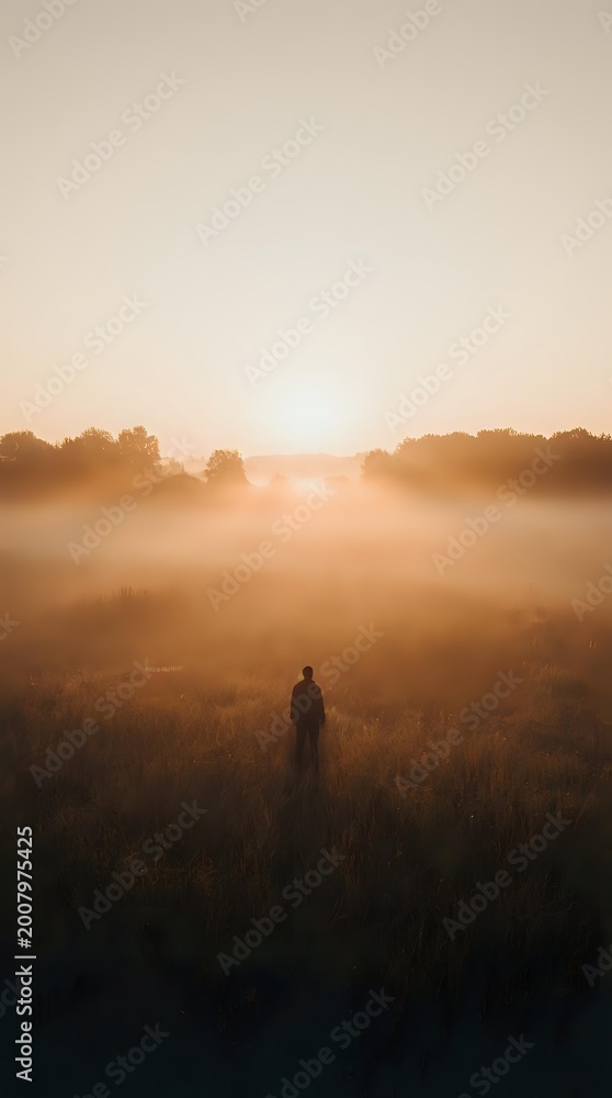 Fototapeta premium Solitary figure standing in misty field at golden hour sunrise with warm atmospheric fog rolling across rural landscape creating peaceful morning scene.
