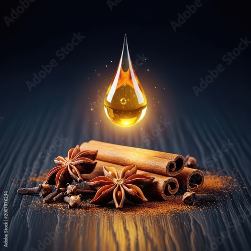 A glowing golden drop of pure essential oil hangs above rustic cinnamon sticks and aromatic spices on a dark, textured wooden background, extract, herbal, seasoning