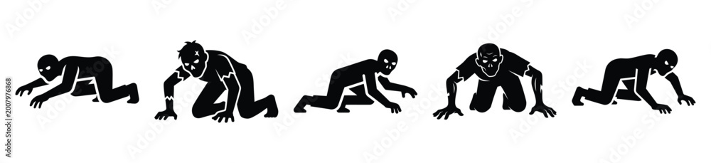 Fototapeta premium Big set of zombie crawling silhouettes black icon and character. Halloween Vector icons illustration on white background.