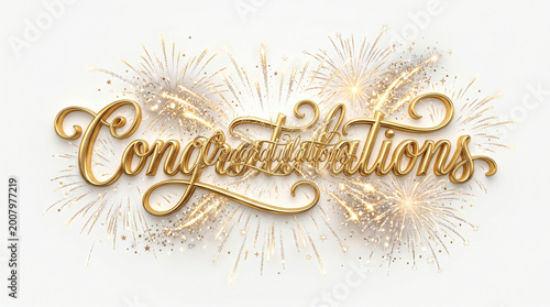 Golden congratulations text with festive fireworks background