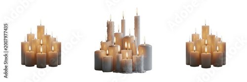 Foto Group of Burning White Pillar Candles with Warm Glow Isolated on Transparent Bac