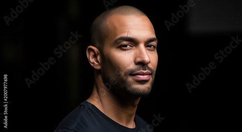 Close up portrait of a bald man with a scar on his face and a beard male headshot