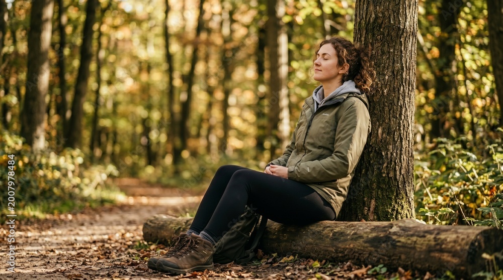 Fototapeta premium Serene Woman Resting Against Tree Trunk Eyes Closed on Autumn Forest Path