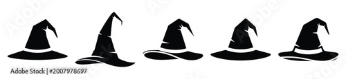 Fotografie Big set of witch hat silhouettes black icon and character