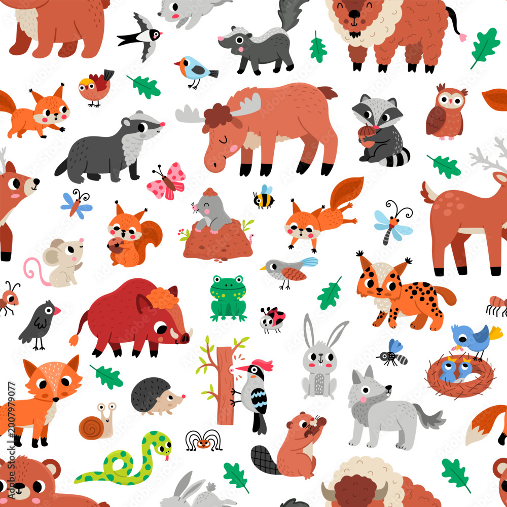 Obraz premium Forest animals seamless pattern for kids. Vector woodland repeat background with birds, insects, trees, plants. Cute bear, fox, deer, elk, beaver, squirrel digital paper. Woods wildlife illustration