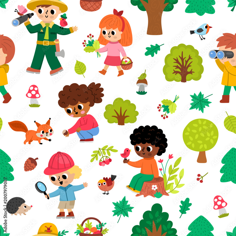 Naklejka premium Forest seamless pattern with kids. Vector woodland repeat background with curious children explorers, naturalists, animals, birds, trees, plants, ranger. Cute digital paper. Woods wildlife texture