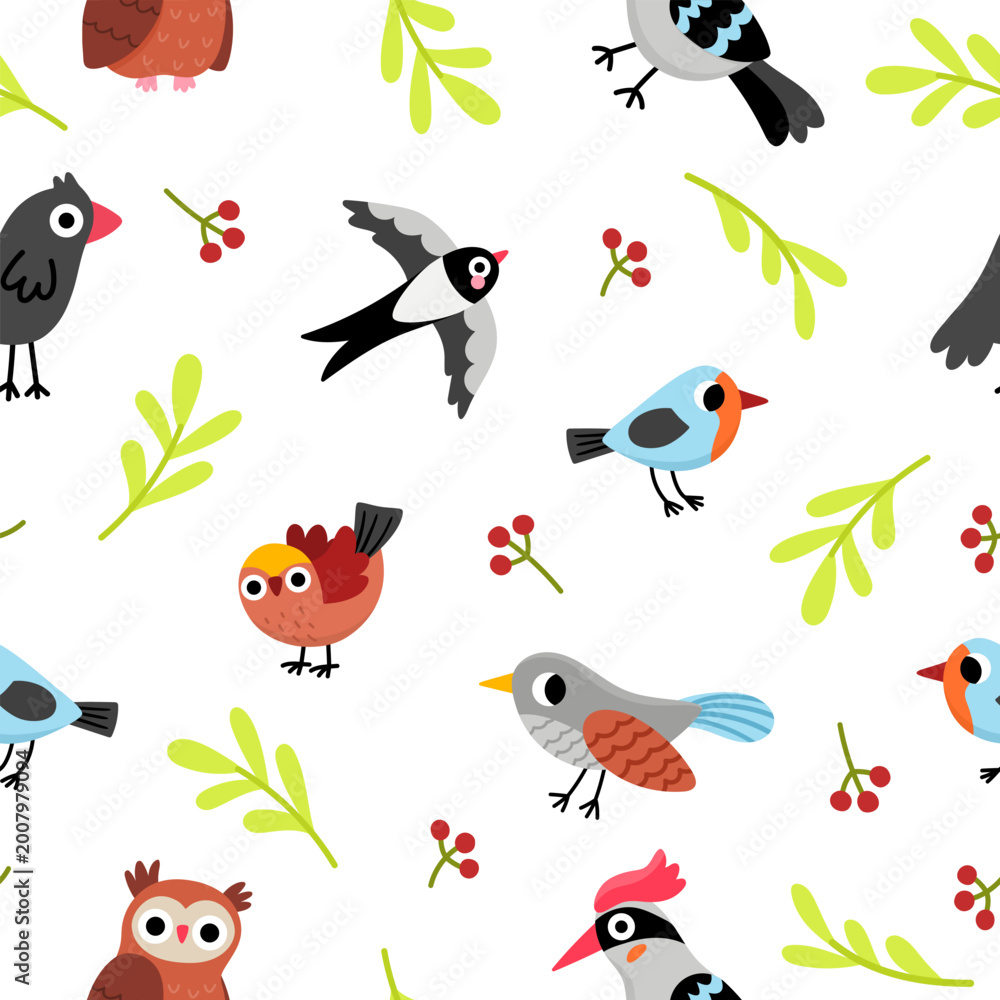 Obraz premium Forest birds seamless pattern for kids. Vector woodland repeat background with animals, twigs, berries. Cute owl, swallow, robin, finch, cuckoo, crow, woodpecker digital paper. Woods wildlife texture
