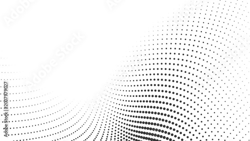 Foto Abstract black halftone dot wave emerging from right side, smooth geometric flow