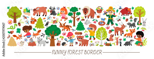 Forest animals horizontal set for kids. Vector woodland birds, insects, trees, plants collection. Cartoon woods wildlife card template. Cute bear, fox, deer, squirrel, ranger clipart, illustration