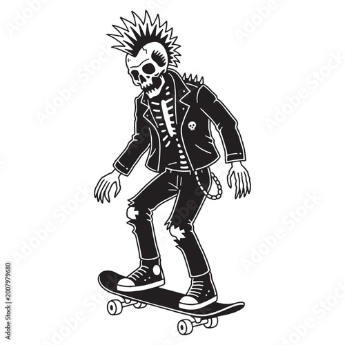 SKELETON PUNK DRESSED IN A LEATHER JACKET, JEANS, SNEAKERS ON A SKATEBOARD BLACK WHITE BACKGROUND