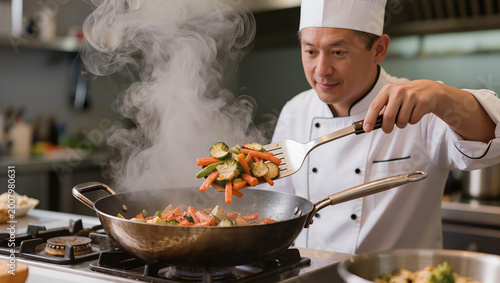 Chef cooking with stir fry pan.