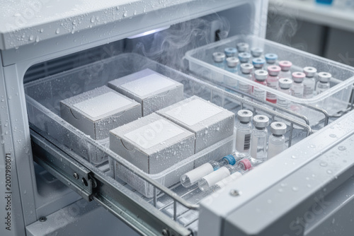 Cold storage drawer with medical vials and packaged samples under frost